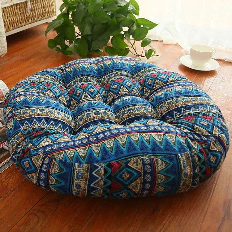 Thick Round Cotton Linen Floor Cushion – Ethnic Fabric Tatami Yoga Mat - Serenity Factory