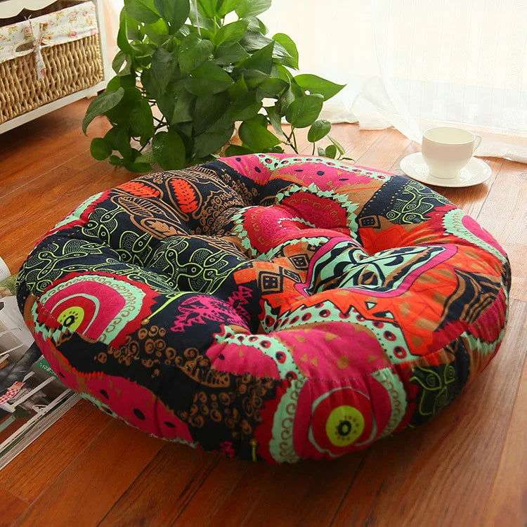 Thick Round Cotton Linen Floor Cushion – Ethnic Fabric Tatami Yoga Mat - Serenity Factory