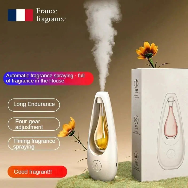 Ultrasonic aroma diffuser with long endurance and four-gear adjustment, displayed with packaging and floral accents in a soothing setting.
