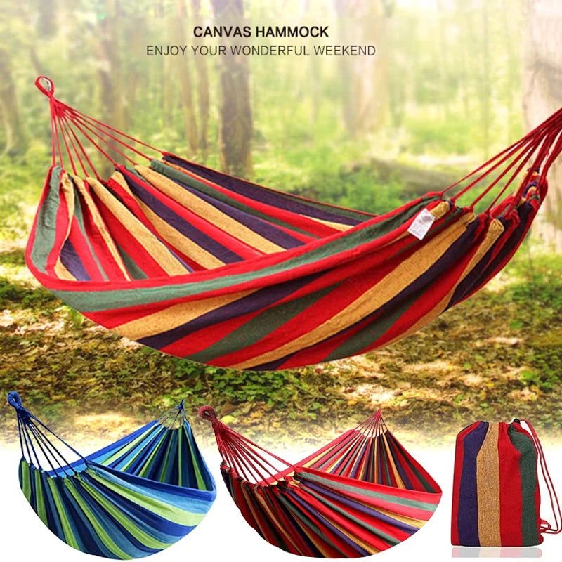 Vibrant comfortable single wide thick canvas colorful hammock in red and blue.